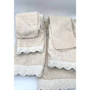 6 Piece Beige Vintage Barth & Dreyfuss Lace Trimmed Embroidered Towel Set